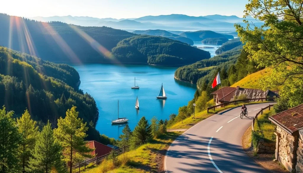 A scenic view of the Hostivar Reservoir, nestled in the lush countryside of Czechia. In the foreground, a picturesque winding road leads visitors towards the tranquil waters, flanked by rolling hills and verdant forests. Sunlight filters through the canopy, casting a warm, golden glow over the scene. Sailboats and kayaks dot the reservoir's surface, while hikers and cyclists enjoy the surrounding trails. The background features the majestic silhouettes of distant mountains, creating a serene and idyllic atmosphere. Capture the essence of this picturesque destination, inviting viewers to explore the Hostivar Reservoir and its many transportation options.