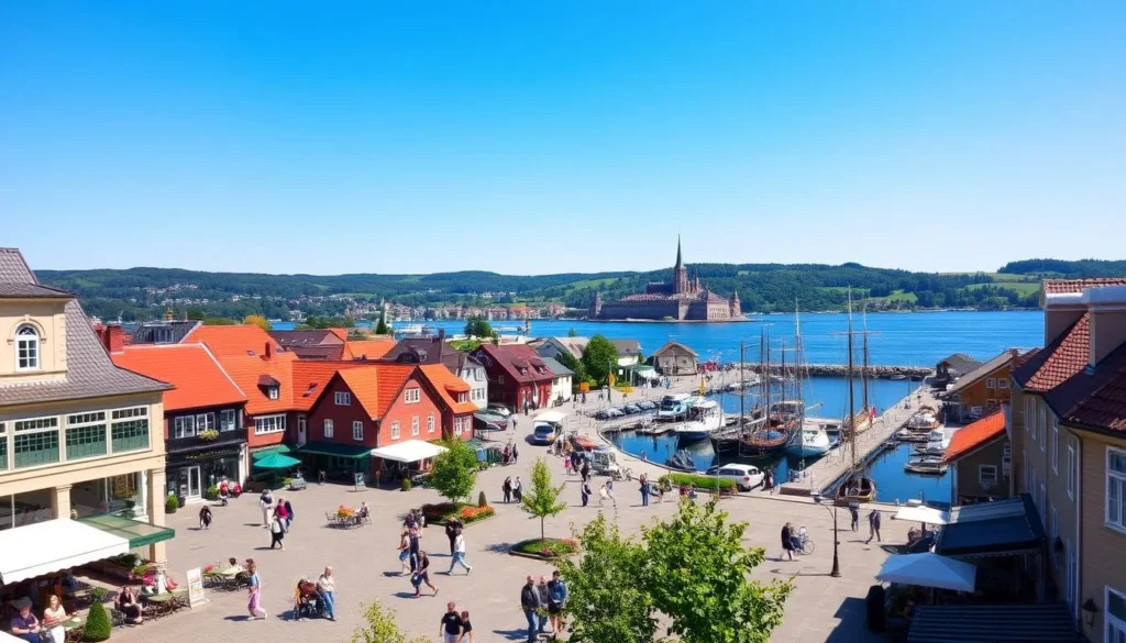 A scenic view of the charming town of Västervik, Sweden, on a sunny day. In the foreground, a bustling town square with quaint shops and cafes, people strolling and enjoying the vibrant atmosphere. In the middle ground, the historic harbor with traditional wooden boats and a picturesque waterfront promenade. In the background, the rolling hills and lush greenery of the surrounding countryside, framed by a clear, azure sky. The scene conveys a sense of tranquility and the perfect balance of natural beauty and urban life, inviting visitors to explore the practical information and discover the best things to do in this delightful Swedish destination.