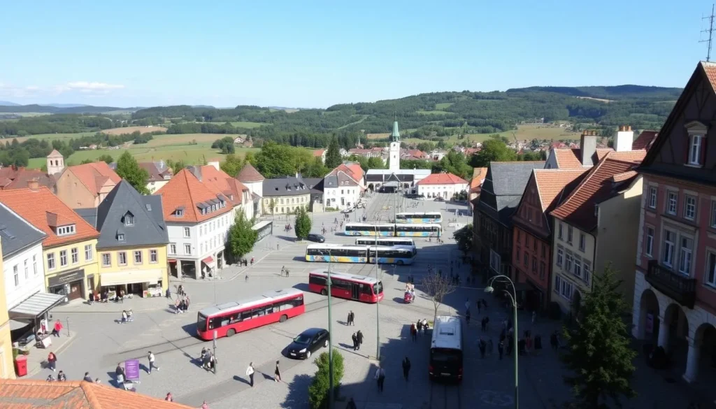 A scenic view of the historic town of Havlickuv Brod, Czechia, on a pleasant sunny day. In the foreground, a charming town square with cobblestone streets and traditional Czech architecture, bustling with locals and visitors strolling about. In the middle ground, a busy public transportation hub, with trolleys, buses, and taxis ferrying people around. In the background, the rolling hills and lush greenery of the surrounding countryside, framed by a bright, cloudless sky. Capture the vibrant, pedestrian-friendly atmosphere of this picturesque town, perfect for visitors seeking a glimpse of authentic Czech life.