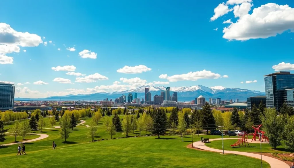 A scenic vista of Aurora, Colorado on a bright, sunny day. In the foreground, a lush green park with people strolling along winding paths and children playing on modern playground equipment. In the middle ground, a gleaming skyline of tall, glass-fronted buildings and skyscrapers, reflecting the blue sky and fluffy white clouds above. In the distance, the majestic Rocky Mountains rise up, their snow-capped peaks piercing the horizon. The scene is bathed in warm, golden sunlight, creating a vibrant, inviting atmosphere. Capture this dynamic cityscape and natural wonder in a crisp, high-resolution photograph with a wide-angle lens.