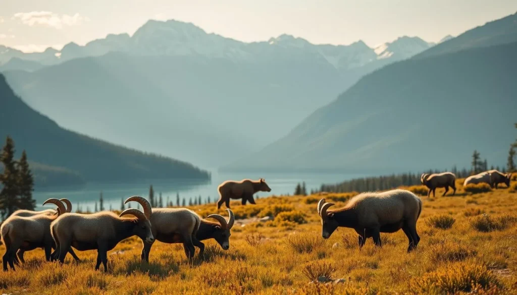 A scenic vista of Banff National Park, with a majestic Rocky Mountain backdrop. In the foreground, a group of bighorn sheep graze on the lush, verdant meadow, their curved horns gleaming in the warm, golden afternoon light. A grizzly bear ambles through the middle distance, pausing to sniff the air. In the background, a crystal-clear alpine lake reflects the snowcapped peaks, creating a serene and peaceful atmosphere. The scene is captured with a wide-angle lens, highlighting the grandeur and scale of the natural landscape. The overall mood is one of tranquility and awe, inviting the viewer to immerse themselves in the wonders of Banff's wildlife.