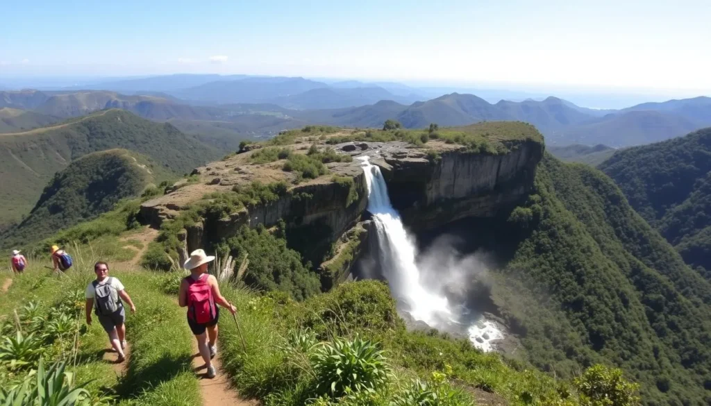 A scenic vista of Chapada Diamantina National Park, Brazil, showcasing its sustainable tourism practices. In the foreground, a group of hikers explore a lush, verdant trail, their backpacks and hiking gear indicating an eco-friendly adventure. The middle ground features a picturesque waterfall cascading over rugged, colorful rock formations, with sunlight filtering through the mist. In the background, rolling hills and valleys stretch out, dotted with native vegetation and azure blue skies. The overall atmosphere conveys a sense of tranquility, harmony, and respect for the natural environment.