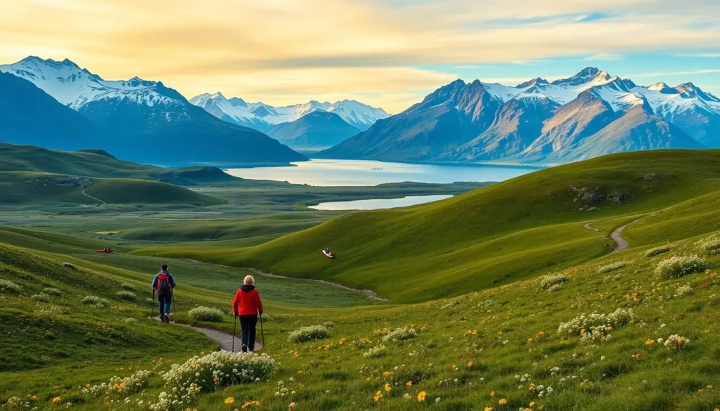 A scenic vista of Hardangervidda National Park in Norway, showcasing the diverse activities available. In the foreground, hikers traverse a winding trail through lush, rolling hills dotted with wildflowers. In the middle ground, kayakers glide across a serene lake, surrounded by majestic mountains. The background features a panoramic view of the park's rugged, snow-capped peaks, bathed in warm, golden sunlight. The scene exudes a sense of tranquility and adventure, inviting the viewer to explore the park's natural splendor.
