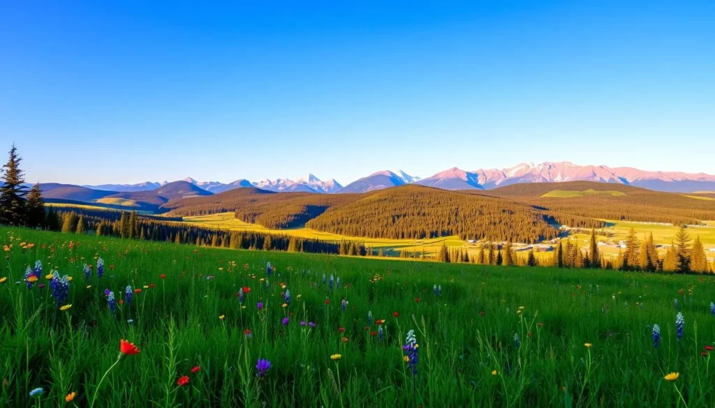 A scenic vista of Longview, Alberta, under a bright, azure sky. In the foreground, a lush, verdant meadow dotted with vibrant wildflowers sways gently in the breeze. In the middle ground, rolling hills covered in dense, evergreen forests rise up, their shadows casting a warm, softening glow. In the distance, the majestic Canadian Rockies stand tall, their snow-capped peaks glittering like diamonds in the warm sunlight. The scene exudes a sense of tranquility and natural beauty, inviting the viewer to immerse themselves in the splendor of the Alberta landscape.