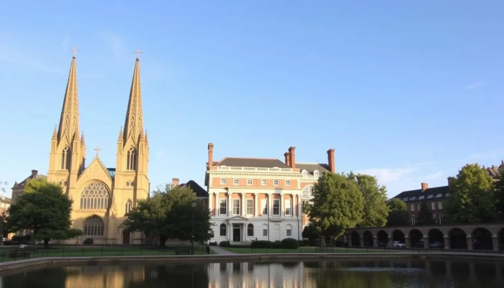 A scenic vista of Redbridge's captivating historical landmarks on a pleasant day. In the foreground, the Neo-Gothic spires of St Mary's Church rise majestically, their intricate stonework bathed in warm sunlight. The middle ground features the grand Georgian façade of Valentines Mansion, its elegant columns and symmetrical design reflecting in a tranquil pond. In the distance, the redbrick arches of Ilford's iconic Town Hall loom, surrounded by verdant trees and a clear blue sky. The overall scene conveys a harmonious blend of architectural splendor and serene natural beauty that encapsulates Redbridge's rich heritage.