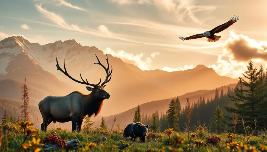 A scenic vista of the Canadian Appalachian Mountains, capturing the diverse wildlife that thrives in this lush, natural environment. In the foreground, a majestic elk stands alert, its antlers proudly reaching towards the sky. In the middle ground, a black bear forages for berries, while a soaring bald eagle casts its shadow overhead. The background features towering, snow-capped peaks, bathed in warm, golden sunlight that filters through wispy clouds. The scene conveys a sense of tranquility and the delicate balance of this pristine ecosystem.