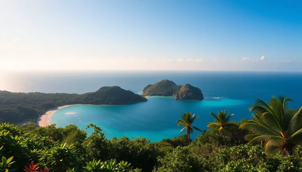 A scenic vista of the Salvation Islands, an archipelago off the coast of French Guiana, captured through the lens of an experienced nature photographer. The foreground features a lush, tropical landscape with vibrant foliage and a pristine beach, while the middle ground showcases the rugged, sun-kissed islands silhouetted against the azure sky. In the background, the shimmering azure waters of the Atlantic Ocean stretch out towards the horizon, creating a tranquil and serene atmosphere. The image is illuminated by soft, natural lighting, lending a warm and inviting tone to the scene. Captured with a wide-angle lens, the composition emphasizes the expansive and picturesque nature of this remarkable destination, perfectly suited to illustrate the practical tips for visiting the Salvation Islands.