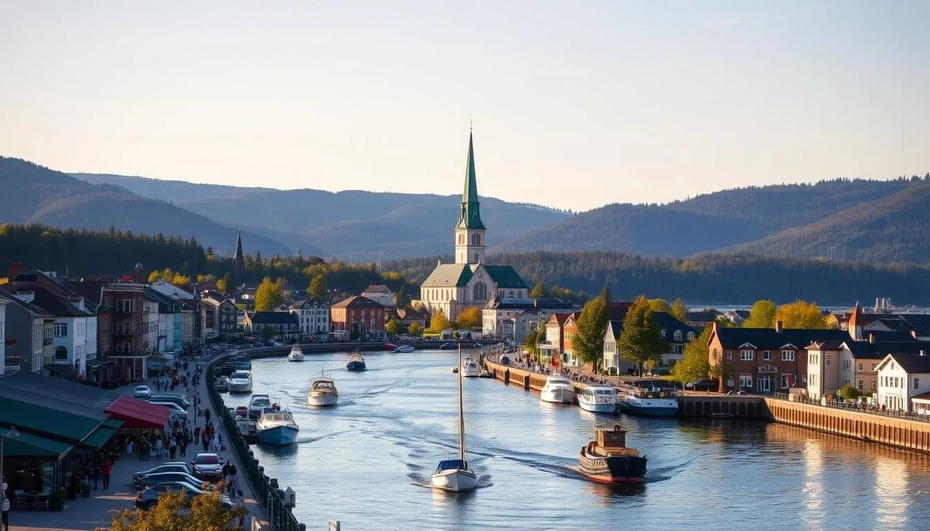 A scenic vista of the charming city of Drammen, Norway, on a pleasant day. In the foreground, a bustling riverfront promenade lined with quaint cafes, shops, and boats drifting along the Drammenselva River. The middle ground features the iconic Bragernes Church, its spire standing tall against the sky. In the background, rolling hills and lush forests create a picturesque backdrop. Warm, natural lighting casts a golden glow over the scene, highlighting the vibrant colors and architectural details. The overall atmosphere conveys a sense of tranquility and local character, inviting the viewer to explore the charming attractions of Drammen.
