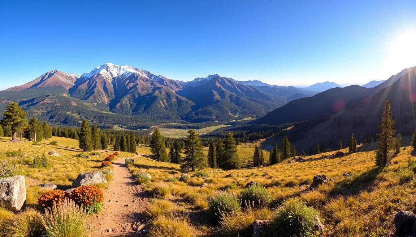 A scenic vista of the majestic San Francisco Peaks in northern Arizona, with well-marked hiking trails winding through lush pine forests and meadows. The sun casts a warm glow over the rugged volcanic peaks, their snow-capped summits reaching skyward. In the foreground, a picturesque trail leads hikers through a serene landscape, surrounded by wildflowers and towering pines. The middle ground features a panoramic view of the mountain range, its undulating ridges and valleys inviting exploration. In the distance, a clear blue sky frames the scene, creating a sense of tranquility and adventure. Capture the natural beauty and outdoor splendor of this iconic Arizona destination.