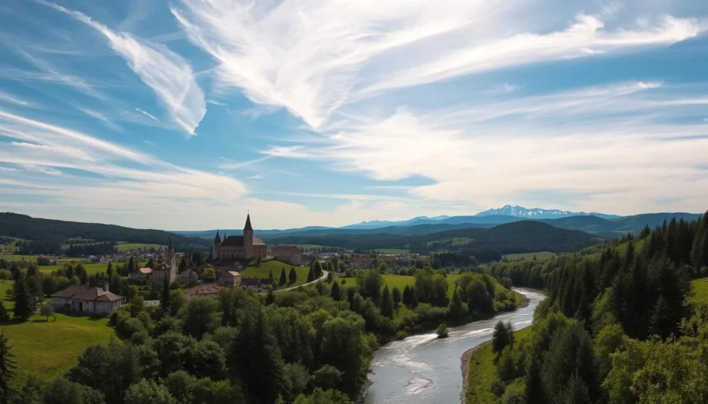 A scenic vista of the rolling hills and verdant forests of the Moravian-Silesian Region in Czechia. In the foreground, a winding river cuts through the lush landscape, its banks dotted with traditional stone buildings and quaint villages. Wispy clouds drift across a bright, azure sky, casting soft shadows over the middle ground, where ancient castles and churches stand in quiet contemplation. In the distance, the rugged Beskydy Mountains rise, their peaks capped with a dusting of snow, creating a serene and timeless atmosphere. Capture this hidden gem of North Moravia in a panoramic, wide-angle composition using warm, natural lighting and a shallow depth of field to accentuate the depth and texture of the scene.