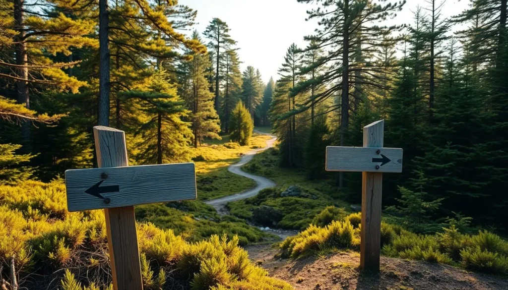 A scenic vista of the serene Skuleskogen National Park entrances, nestled amidst Sweden's breathtaking coastal landscape. The foreground showcases a pair of wooden signposts guiding visitors towards the park's trails, their weathered surfaces blending seamlessly with the lush, verdant foliage. In the middle ground, a meandering path winds through the dense, mossy forest, inviting exploration. The background features towering pine trees reaching skyward, their branches casting soft, dappled shadows over the scene. The warm, golden light of a clear day bathes the entire landscape, creating a welcoming and peaceful atmosphere that captures the essence of this coastal gem.