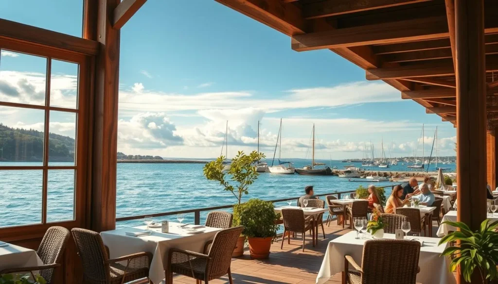 A seaside seafood restaurant on the idyllic shores of Varmdo Island, Sweden. Rustic wooden beams and large windows frame the breathtaking view of the calm, azure waters. In the foreground, a well-appointed outdoor dining area with white tablecloths and wicker chairs. Lush greenery and potted flowers add pops of color. The middle ground features a sun-dappled patio, where patrons enjoy fresh local cuisine and craft cocktails. In the background, a picturesque harbor filled with bobbing sailboats and a dramatic, cloud-streaked sky. Warm, natural lighting bathes the scene in a soft, golden glow, creating a welcoming, laid-back atmosphere perfect for savoring the bounty of the sea.