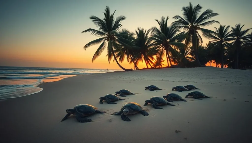 A secluded beach at dusk in Macouria, French Guiana. A cluster of sea turtles emerge from the lapping waves, gracefully hauling their heavy shells onto the gently sloping sand. The turtles methodically dig nests and deposit their eggs under a warm, amber sky. Lush palm trees sway in the cool evening breeze, creating dappled shadows that dance across the tranquil scene. The camera angles low, capturing the turtles' prehistoric silhouettes against the horizon, as if freezing a timeless moment in this coastal paradise.