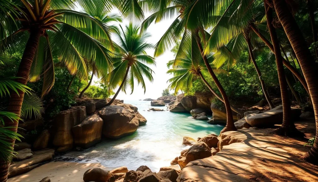 A secluded beach cove along the Malabar coast, surrounded by lush green coconut palms swaying gently in the sea breeze. Sunlight filters through the canopy, casting a warm, golden glow over the smooth, sun-kissed rocks and the glistening turquoise waters lapping at the shore. A small, winding path leads down to the tranquil, almost private paradise, inviting the curious explorer to discover this hidden gem in Kannur, Kerala.