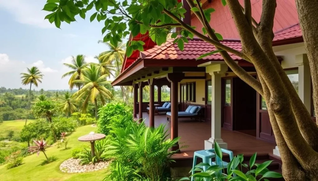 A serene Ayurvedic center with traditional Kerala architecture