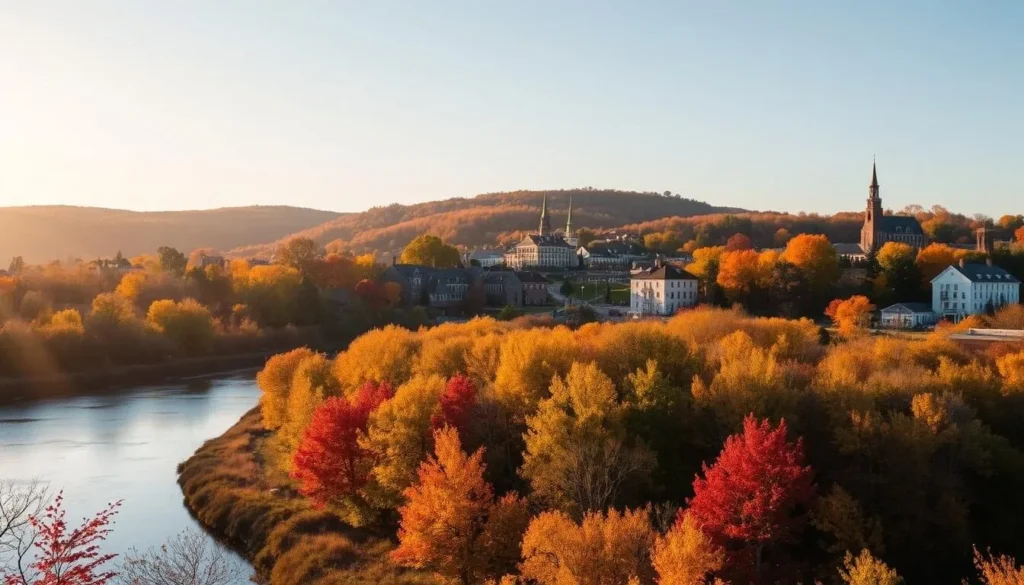 A serene Hudson landscape in autumn, bathed in warm, golden sunlight. In the foreground, a winding river reflects the vibrant foliage lining its banks - crimson maples, golden oaks, and amber birches. Beyond, rolling hills dotted with historic buildings and steeples rise up, their weathered facades glowing in the soft, diffused light. A clear, cloudless sky arches overhead, lending an air of tranquility to the scene. Capture the essence of Hudson at its most picturesque, a charming New England town at the peak of the seasonal cycle.