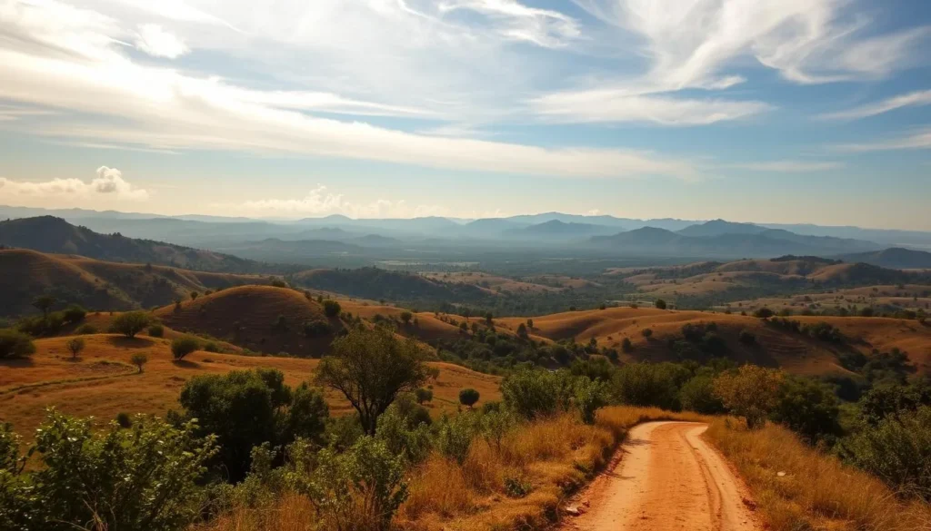 A serene Kanchanaburi landscape during the dry season: a vast expanse of rolling hills, dotted with clusters of lush green trees and shrubs. In the foreground, a winding dirt path leads the eye deeper into the scene, bathed in warm, golden sunlight filtering through wispy clouds. Distant mountains rise majestically on the horizon, their slopes painted in shades of tan and ochre. The atmosphere is one of tranquility and stillness, a perfect representation of the region's weather-savvy charm during the November to February period.