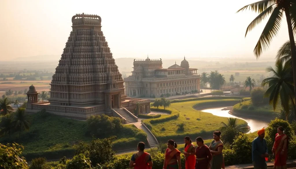 A serene Tamil landscape, bathed in warm sunlight, with a grand, ancient temple as the focal point. The temple's intricate carvings and ornate architecture stand as a testament to the rich cultural heritage of the Tamil language. In the foreground, a group of people engaged in traditional Tamil activities, such as Bharatanatyam dance or Kolam artwork, capturing the vibrant essence of the language. The middle ground features lush, verdant greenery, perhaps with a winding river or stream, symbolizing the Tamil people's deep connection to their land. The background showcases the rolling hills or picturesque coastline, creating a harmonious and visually striking composition. The lighting is soft and diffused, evoking a serene and contemplative mood, highlighting the timeless significance of the Tamil language.