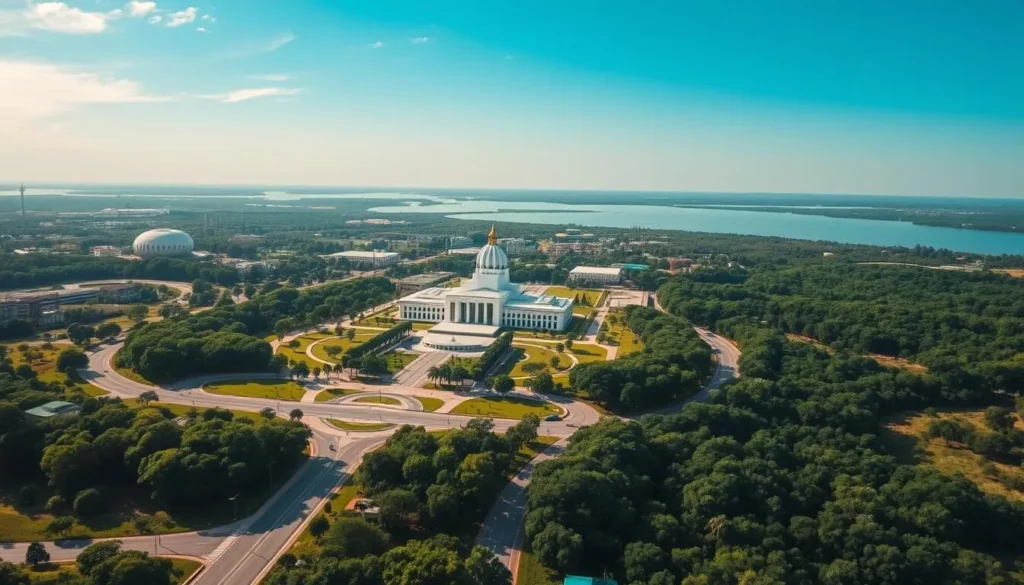 A serene aerial view of Brasilia's iconic modernist architecture nestled against a backdrop of lush, verdant landscapes. The Praça dos Três Poderes takes center stage, with the striking Palácio do Planalto, Supremo Tribunal Federal, and Congresso Nacional visible in the foreground. The gentle curves of the Eixo Monumental lead the eye towards the tranquil Lago Paranoá in the distance, reflecting the vibrant blue sky above. Soft, diffused natural lighting bathes the scene, conveying a sense of tranquility and harmony. The overall composition captures the essence of Brasilia's carefully planned urban design and its integration with the surrounding natural environment.