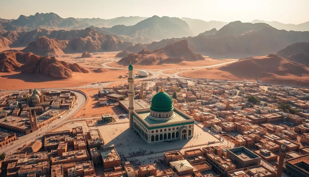 A serene aerial view of Medina, the holy city of Saudi Arabia, nestled amidst the arid desert landscape. In the foreground, the iconic green-domed Al-Masjid an-Nabawi Mosque stands tall, its intricate architecture and grandeur capturing the essence of this sacred site. The middle ground features the bustling urban landscape, with traditional buildings and narrow streets weaving through the city. In the background, the rugged mountains rise, creating a dramatic and picturesque backdrop. The warm, golden light of the sun bathes the scene, evoking a sense of tranquility and reverence. Capture the spiritual essence and timeless beauty of Medina, the second holiest city in Islam.