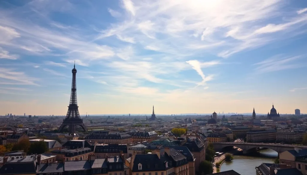 A serene aerial view of Paris's iconic skyline, with the Eiffel Tower standing tall amidst a tapestry of historic rooftops. The sky is a vibrant, clear blue, with wispy cirrus clouds drifting lazily overhead, casting gentle shadows on the city below. The Seine River winds through the heart of the city, its tranquil waters reflecting the warm, golden hues of the afternoon sun. In the distance, the majestic Notre-Dame Cathedral and the Sacré-Cœur Basilica emerge from the cityscape, their distinctive silhouettes visible against the backdrop of the Parisian horizon. The overall atmosphere is one of tranquility and timelessness, capturing the essence of Paris's weather patterns on a picturesque day.