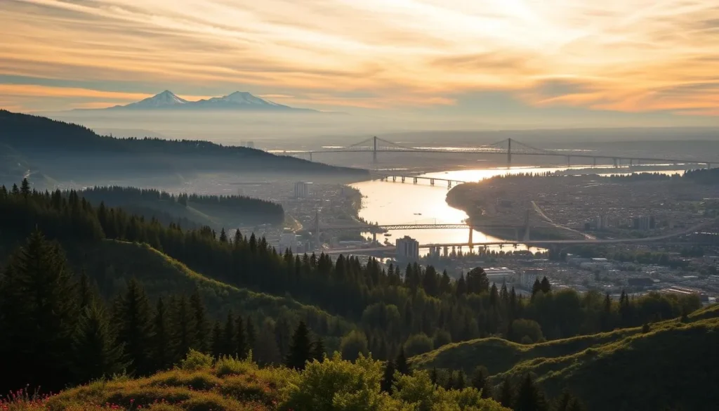 A serene aerial view of Portland, Oregon, capturing the essence of its Mediterranean climate. In the foreground, lush green forests and rolling hills stretch out, dotted with vibrant patches of wildflowers. The middle ground reveals the city's iconic bridges spanning the Willamette River, their reflection shimmering in the calm waters. In the background, the majestic snow-capped peaks of Mount Hood and Mount St. Helens rise majestically, their silhouettes framed by a sky painted with wispy, golden-hued clouds. The scene is illuminated by warm, soft lighting, creating a tranquil and inviting atmosphere that perfectly encapsulates the best months for a weather-savvy trip to Portland.