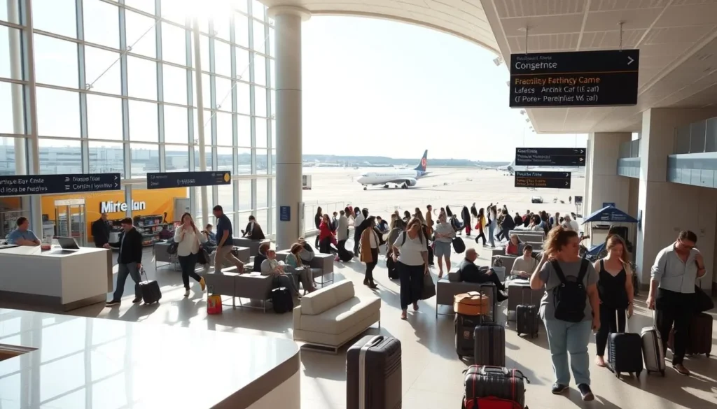 A serene airport terminal with sunlight streaming through large windows, highlighting the clean modern architecture and bustling travelers. In the foreground, a concierge desk with a friendly staff member assisting a family with their luggage and travel arrangements. The middle ground features a mix of passengers sitting in comfortable seating areas, browsing duty-free shops, and navigating the intuitive wayfinding signage. The background showcases the tarmac with commercial aircraft taking off and landing, creating a sense of anticipation and adventure. The overall atmosphere is one of efficiency, comfort, and the excitement of embarking on a journey.