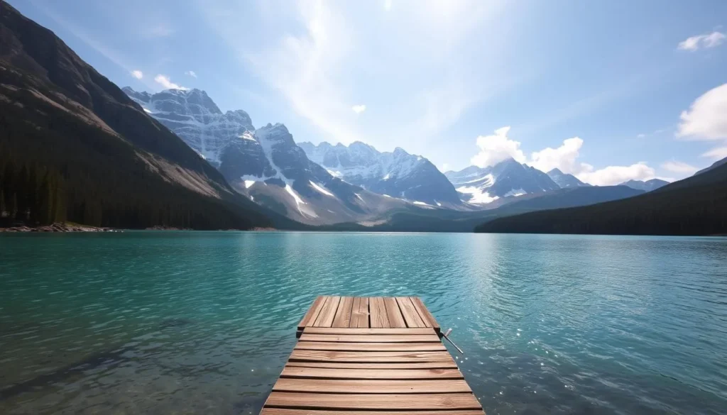 A serene alpine lake nestled amidst rugged, snow-capped peaks of the Canadian Rockies. Sparkling turquoise waters reflect the dramatic mountain backdrop, with lush evergreen forests lining the shore. Soft sunlight filters through wispy clouds, casting a warm, tranquil glow over the pristine landscape. In the foreground, a wooden dock extends into the calm waters, inviting exploration. Captured with a wide-angle lens to showcase the breathtaking vistas, this image conveys the peaceful, awe-inspiring beauty of Upper Kananaskis Lake - a true hidden gem in the heart of the Alberta wilderness.