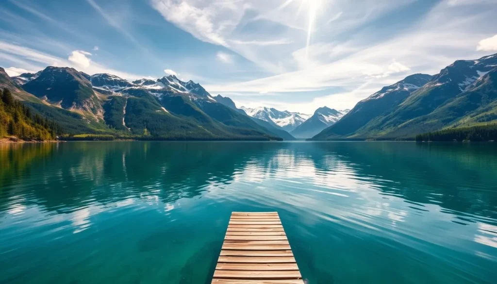A serene alpine lake nestled amidst the majestic peaks of Jotunheimen, Norway. Crystal-clear waters reflect the surrounding mountains and lush, verdant foliage. Sunlight filters through wispy clouds, casting a warm, golden glow over the tranquil scene. In the foreground, a small, wooden dock juts out into the still waters, inviting exploration. The middle ground is dominated by towering, snow-capped peaks that rise up on the horizon, their rugged beauty lending an air of grandeur to the landscape. The background features additional mountain ranges, their jagged silhouettes creating a dramatic, awe-inspiring backdrop. This picturesque lake, a true gem of the Norwegian wilderness, perfectly encapsulates the natural splendor of the Jotunheimen region.
