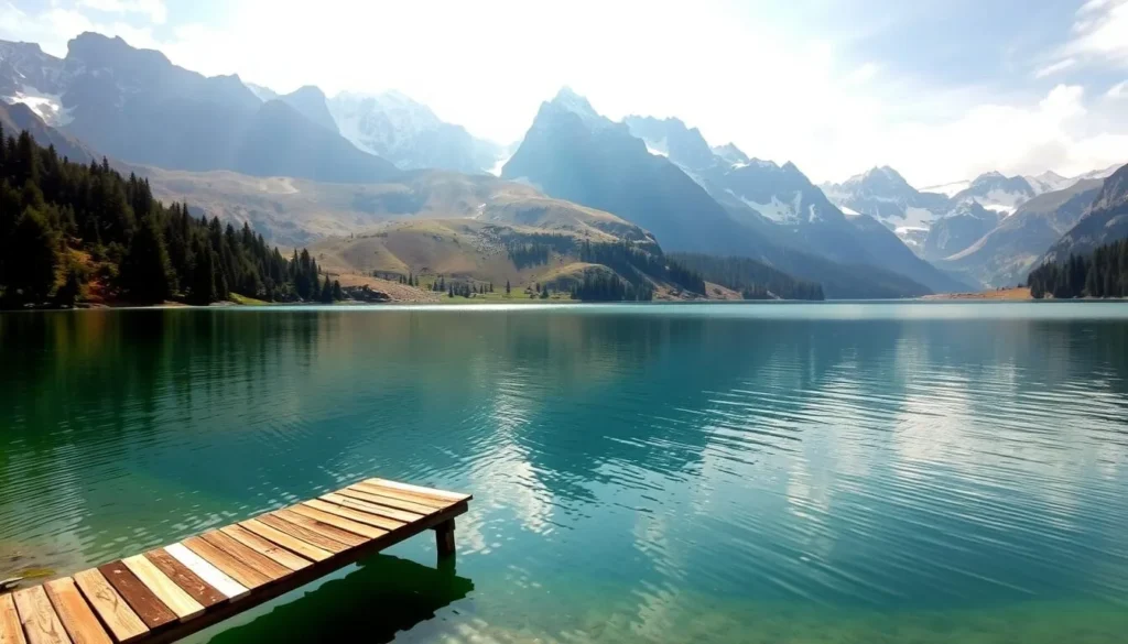 A serene alpine lake nestled between towering snow-capped peaks, the crystal-clear waters of Gaurishankar Lake reflect the surrounding rugged terrain. Lush evergreen forests line the shores, creating a tranquil atmosphere. Sunlight filters through wispy clouds, casting a warm glow over the scene. In the foreground, a small wooden dock juts out into the still waters, inviting visitors to take in the breathtaking vistas. The middle ground features gently sloping hills and rocky outcroppings, while the distant background is dominated by the majestic, jagged silhouettes of the Himalayan mountains. This serene and picturesque landscape evokes a sense of peaceful solitude, perfect for a leisurely day of exploration and contemplation.