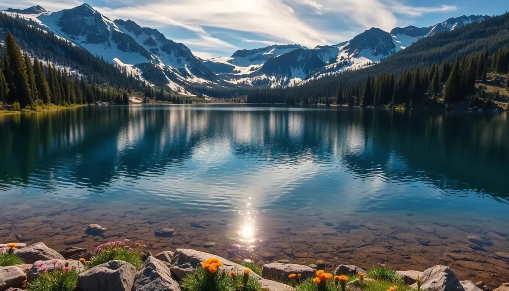 A serene alpine lake nestled within the majestic Lassen Volcanic National Park, California. Tranquil azure waters reflect the surrounding snow-capped peaks and lush evergreen forests. Warm sunlight dances across the surface, casting shimmering patterns. In the foreground, a rocky shoreline dotted with vibrant wildflowers provides a natural border. A sense of peaceful solitude pervades the scene, inviting the viewer to immerse themselves in the park's stunning natural beauty. Captured with a wide-angle lens to showcase the grandeur of the landscape, this image evokes the allure of Lassen's serene alpine lakes.