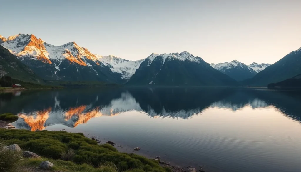 A serene alpine lake surrounded by towering peaks, Hornindalsvatnet reflects the majestic landscape in its still, mirror-like waters. Capture the tranquil scene with a wide-angle lens, framing the snow-dusted mountains in the background and the lush, verdant shores in the foreground. The warm, golden glow of the afternoon sun casts a soft, ethereal light across the scene, highlighting the intricate details of the rocky cliffs and the gentle ripples on the surface of the lake. The overall mood is one of peaceful contemplation, inviting the viewer to immerse themselves in the serene beauty of this natural wonder.