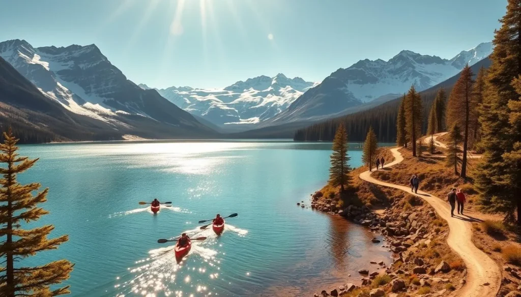 A serene alpine landscape, Maligne Lake nestled amidst snow-capped peaks. Sunlight dances on the crystal-clear waters, inviting visitors to explore its scenic beauty. In the foreground, a group of kayakers glide across the lake, their paddles creating gentle ripples. On the shore, hikers traverse winding trails, taking in the majestic vistas. A gentle breeze rustles the pine trees lining the banks, adding to the tranquil ambiance. The scene is bathed in warm, golden light, capturing the essence of a perfect day in this stunning Canadian wilderness.