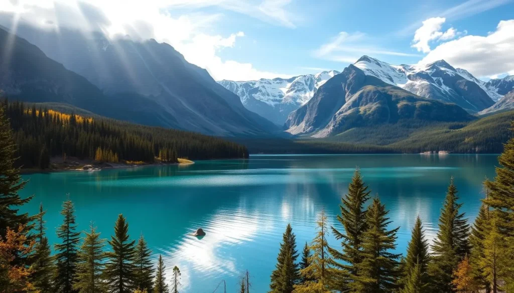 A serene alpine landscape of Waterton Lakes National Park, Alberta, Canada. In the foreground, a tranquil turquoise lake reflects the majestic peaks of the Rocky Mountains. Lush, evergreen forests line the shores, with a hint of fall foliage adding warmth to the scene. Sunlight filters through wispy clouds, casting a soft, golden glow over the entire vista. In the distance, snow-capped summits rise majestically, their rugged grandeur commanding attention. The overall atmosphere is one of peaceful solitude, inviting the viewer to immerse themselves in the natural splendor of this stunning Canadian wilderness.