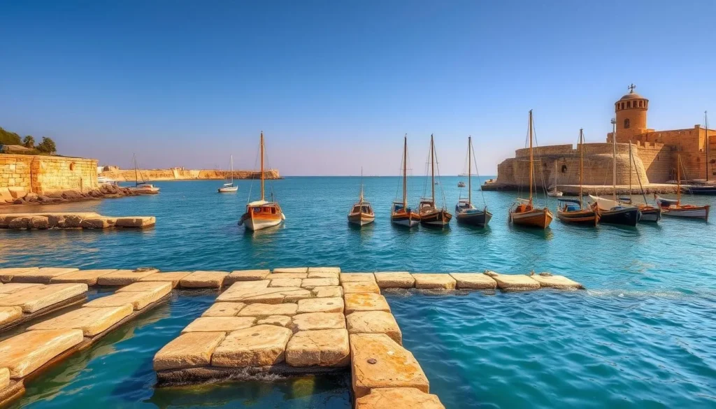 A serene ancient harbor in Caesarea, Israel, bathed in golden sunlight. In the foreground, weathered stone quays and jetties stretch out into the tranquil azure waters, their surfaces worn smooth by centuries of lapping waves. In the middle ground, a fleet of traditional wooden fishing boats sway gently at their moorings, their hulls reflecting the brilliant sky above. In the background, the imposing ruins of an ancient Roman breakwater and lighthouse loom, their weathered grandeur a testament to the harbor's storied past. A warm, nostalgic atmosphere pervades the scene, inviting the viewer to step back in time and explore the storied history of this timeless Mediterranean port.