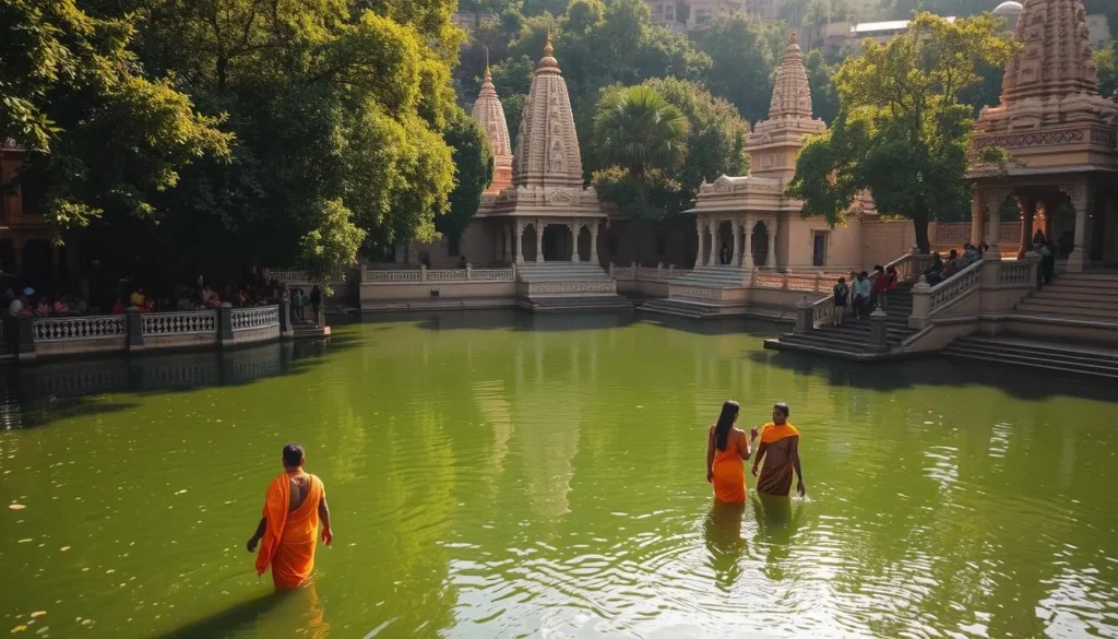 A serene and ancient Pushkarini holy water tank nestled amidst towering temple spires, their ornate architecture reflected in the still, sacred waters. Sunlight filters through the lush, verdant trees surrounding the tank, casting a warm, natural glow across the scene. Devotees in traditional garments reverently approach the steps leading down to the tank, preparing to immerse themselves in the purifying waters. The atmosphere is one of profound spirituality and timeless tradition, inviting the viewer to pause and experience the tranquility of this hallowed place.