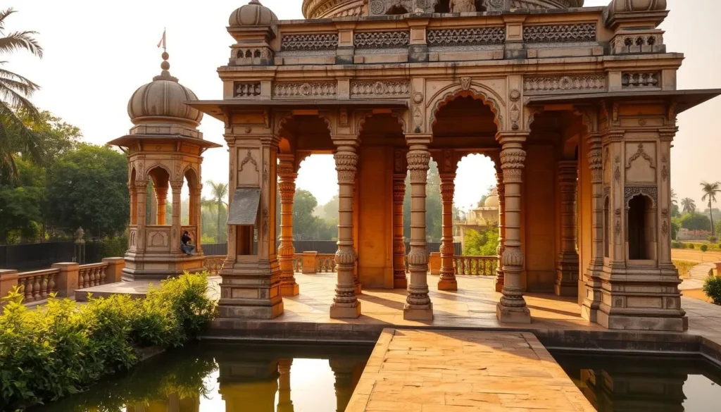 A serene and majestic stone structure stands tall, its intricate carvings and ornate architecture reflecting the rich cultural heritage of Bhavnagar. The Ganga Deri historical monument, bathed in warm, golden sunlight, overlooks a tranquil pond surrounded by lush greenery. Elegant domes and arches create a sense of timeless grandeur, inviting visitors to step back in time and immerse themselves in the region's storied past. The scene exudes a peaceful, contemplative atmosphere, perfectly capturing the essence of Bhavnagar's historical landmarks and cultural significance.
