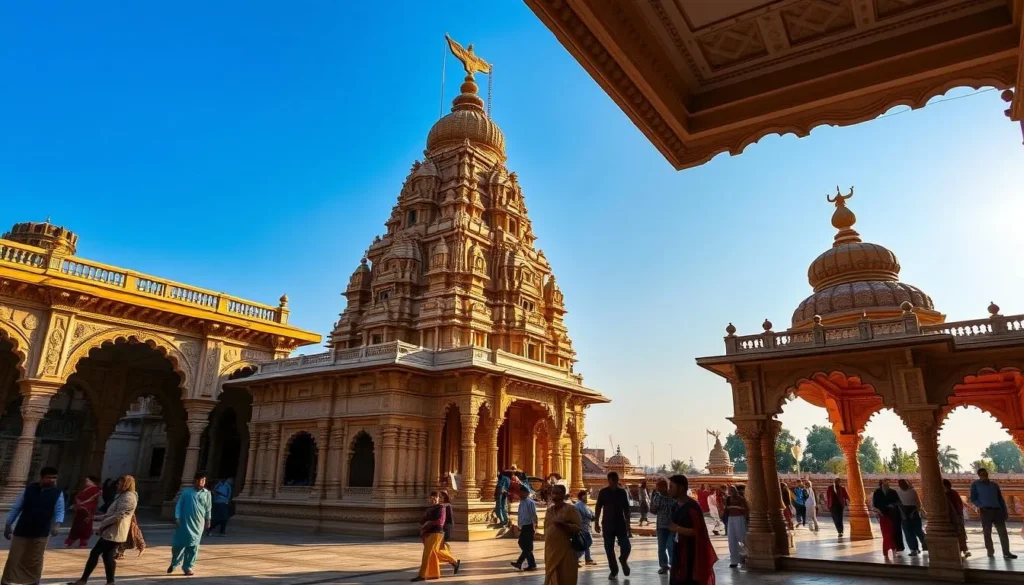 A serene and ornate Hindu temple complex nestled in the vibrant city of Bhavnagar, Gujarat. The main temple stands tall, its intricate carvings and domes reflecting the warm afternoon sunlight. Devotees and pilgrims wander through the elaborately decorated archways and courtyards, immersed in the spiritual atmosphere. In the background, lush greenery and clear blue skies create a tranquil setting, inviting visitors to pause, reflect, and connect with the divine. Capture the essence of Bhavnagar's rich spiritual heritage in this beautifully composed scene.