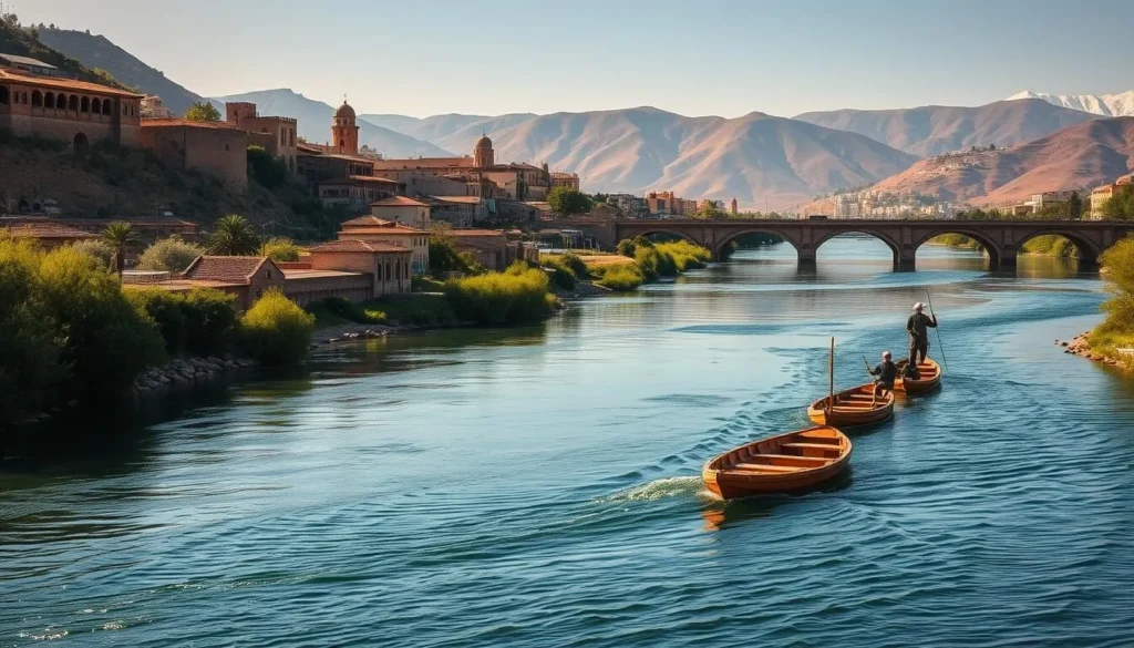 A serene and picturesque landscape along the winding Orontes River in Hamah, Syria. Sunlight dapples the gently flowing waters, illuminating the lush greenery of the riverbanks. In the foreground, local fishermen cast their lines, while traditional wooden boats drift peacefully. The middle ground features the historic buildings and bridges of Hamah, their timeless architecture reflecting in the river's calm surface. In the background, rolling hills and snow-capped mountains create a breathtaking panorama. The scene conveys a sense of tranquility and timelessness, inviting the viewer to immerse themselves in the serene beauty of this legendary Syrian waterway.