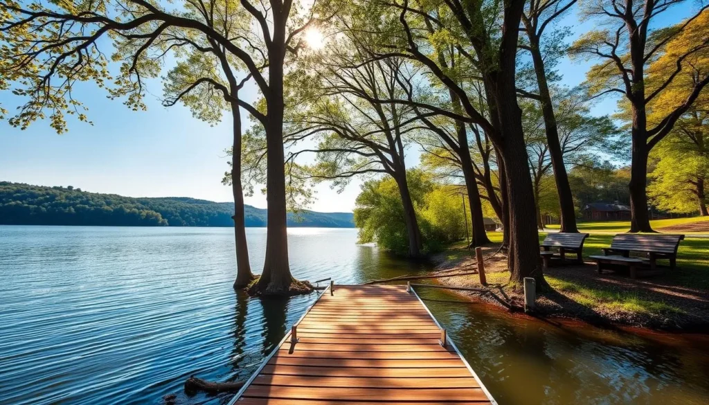 A serene and picturesque landscape of Lake Dardanelle, nestled in the rolling hills of Arkansas. The tranquil waters reflect the azure sky and lush, verdant shoreline. In the foreground, a wooden dock extends into the lake, inviting visitors to cast a line or simply enjoy the peaceful ambiance. Towering trees line the banks, their branches casting delicate shadows on the surface. Warm, golden sunlight filters through the leaves, creating a soft, natural illumination. The scene exudes a sense of calm and relaxation, perfectly capturing the essence of the best things to do at this serene Arkansas destination.