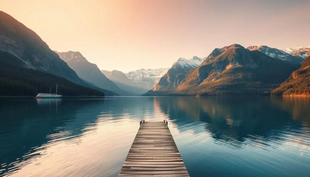 A serene and picturesque landscape of Norway's Lake Tyrifjorden, nestled amidst towering mountains and lush pine forests. The lake's crystal-clear waters reflect the surrounding beauty, creating a tranquil and captivating scene. In the foreground, a small wooden dock extends into the still waters, inviting visitors to take in the breathtaking views. The middle ground showcases the rugged, snow-capped peaks that rise majestically in the distance, while the background is dominated by a warm, golden-hued sky, casting a soft, ethereal glow over the entire scene. The overall atmosphere is one of serenity, peace, and the untamed beauty of Norway's natural wonders.