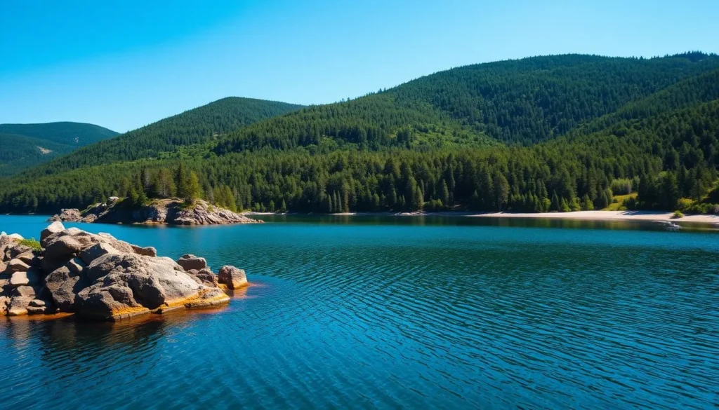 A serene and picturesque scene of Lake Stora Le in Sweden, surrounded by lush, verdant forests and rolling hills. Capture the tranquil waters reflecting the clear blue sky, with gentle ripples on the surface. Showcase the beautiful shoreline dotted with rocky outcroppings and sandy beaches, inviting visitors to explore. Utilize natural lighting with warm, golden tones to create a sense of warmth and welcoming atmosphere. Employ a wide-angle lens to capture the expansive landscape, framing the lake as the central focus. Convey the hidden gem-like quality of this idyllic location, beckoning viewers to discover its beauty and serenity.