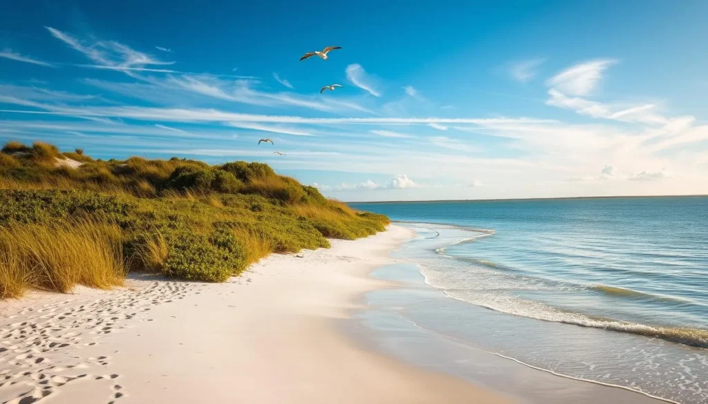 A serene and picturesque scene of Masonboro Island, North Carolina's hidden coastal gem. The foreground features a pristine sandy beach, with gently lapping waves and seabirds soaring overhead. The middle ground showcases the lush, verdant dunes covered in native vegetation, creating a natural barrier. In the background, the tranquil waters of the Intracoastal Waterway reflect the vibrant blue sky, dotted with wispy clouds. Warm, golden sunlight filters through, casting a soft, inviting glow over the entire landscape. The scene conveys a sense of peaceful solitude and untouched natural beauty, inviting the viewer to discover the hidden wonders of this coastal paradise.