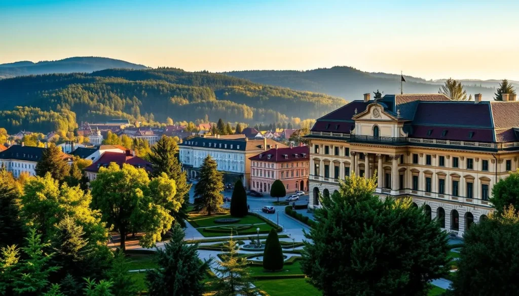 A serene and picturesque view of Marianske Lazne, a charming spa town nestled in the rolling hills of western Czechia. The town's iconic Colonnade, a Neo-Renaissance architectural masterpiece, stands majestically in the foreground, its ornate façade and intricate details bathed in warm, golden sunlight. Lush, verdant trees and carefully manicured gardens surround the Colonnade, creating a tranquil and idyllic atmosphere. In the middle ground, the town's historic spa buildings and elegant hotels line the streets, their ornate facades and bright colors reflecting the town's rich cultural heritage. In the distance, the rolling, forested hills of the Slavkov Forest provide a serene and picturesque backdrop, capturing the essence of this hidden gem in the heart of Europe.