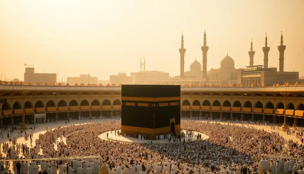 A serene and sacred landscape unfolds, bathed in warm, golden light. In the center, the iconic Kaaba stands tall, its black cloth adorned with intricate calligraphy. Devotees, clad in white garments, circumambulate the shrine, their faces etched with reverence and humility. The vast, open courtyard of the Masjid al-Haram surrounds the Kaaba, creating a sense of expansive spirituality. In the distance, the towering minarets pierce the sky, their call to prayer echoing through the air. An atmosphere of profound contemplation and inner peace pervades the scene, inviting the viewer to experience the profound spiritual impact of visiting Mecca.
