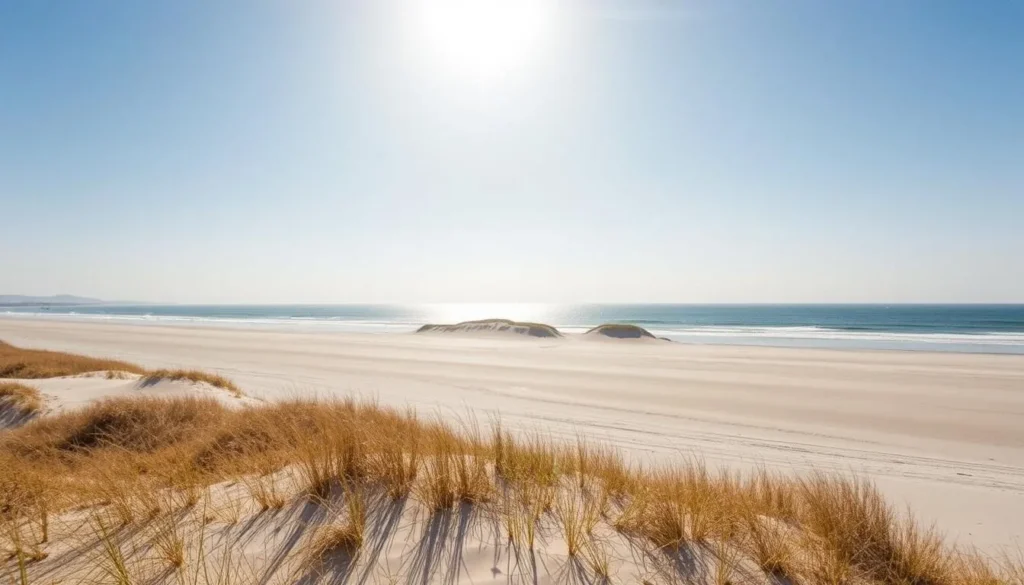 A serene beach landscape at Silver Sands State Park, Connecticut. Pristine silver sands stretch out under a bright, sun-kissed sky. Gentle waves lap against the shoreline, creating a soothing, tranquil atmosphere. In the middle ground, a scattering of dunes and grassy vegetation add texture and depth. The scene is captured with a wide-angle lens, emphasizing the expansive, picturesque vista. Warm, golden light bathes the entire scene, creating a calming, inviting mood that perfectly encapsulates the natural beauty of this coastal gem.