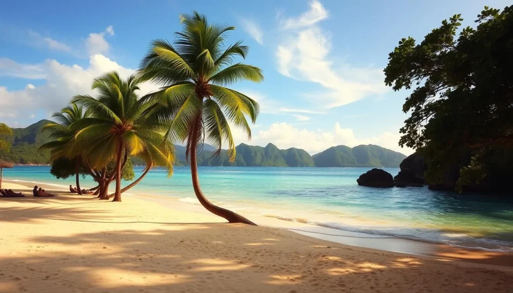 A serene beach on Ilha do Japonês, Brazil, with crystal-clear turquoise waters lapping at the golden sand. Lush palm trees sway gently in the warm coastal breeze, casting dappled shadows on the tranquil scene. In the distance, rugged green hills rise up, framing the idyllic landscape. Sunlight filters through wispy clouds, creating a soft, golden glow that bathes the entire vista in a peaceful, relaxing atmosphere. A small group of people recline on the beach, enjoying the natural beauty and tranquility of this picturesque Brazilian island retreat.
