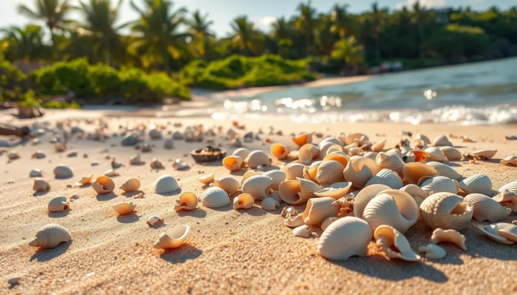 A serene beach on Sapelo Island, Georgia, where sun-bleached seashells are scattered across the fine, golden sand. The scene is bathed in warm, golden sunlight, with a soft, diffused glow that highlights the delicate textures and intricate patterns of the shells. In the foreground, a diverse array of shells, including spiraled conches, smooth cockles, and fragile scallops, lie partially buried in the sand, inviting closer inspection. In the middle ground, the tranquil waters of the Atlantic Ocean gently lap the shore, their rhythmic waves creating a soothing ambiance. The background features a lush, verdant coastal landscape, with swaying palm trees and vibrant, verdant foliage, creating a serene and picturesque setting. A serene beach on Sapelo Island, Georgia, where sun-bleached seashells are scattered across the fine, golden sand. The scene is bathed in warm, golden sunlight, with a soft, diffused glow that highlights the delicate textures and intricate patterns of the shells. In the foreground, a diverse array of shells, including spiraled conches, smooth cockles, and fragile scallops, lie partially buried in the sand, inviting closer inspection. In the middle ground, the tranquil waters of the Atlantic Ocean gently lap the shore, their rhythmic waves creating a soothing ambiance. The background features a lush, verdant coastal landscape, with swaying palm trees and vibrant, verdant foliage, creating a serene and picturesque setting.