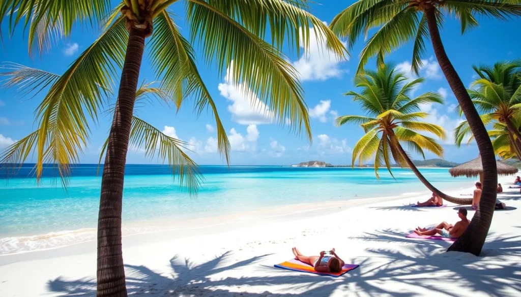 A serene beach scene on a sunny day in the U.S. Virgin Islands. Crystal-clear turquoise waters gently lapping against pristine white sand. Palm trees sway gently in a soft breeze, creating dappled patterns of light and shadow. Beachgoers relaxing on colorful towels, enjoying the warm tropical climate. A picturesque setting that captures the essence of a perfect beach vacation in the U.S. Virgin Islands.
