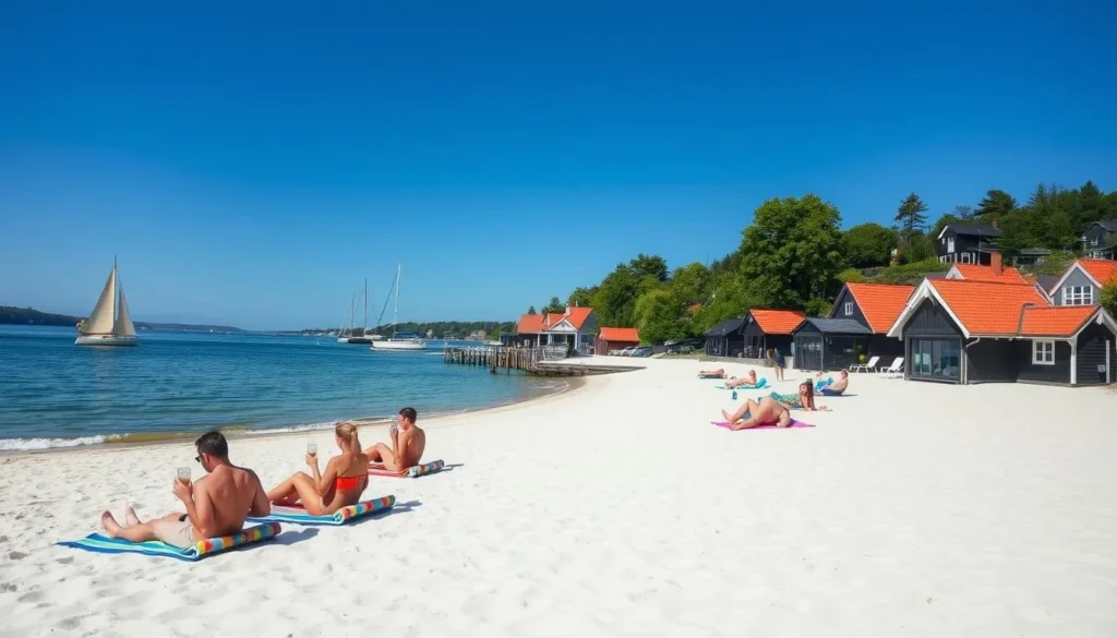 A serene beachfront in Mariehamn, Finland, with soft white sand and gently lapping waves. In the foreground, sunbathers lounge on colorful towels, sipping cool drinks and basking in the warm sunshine. The middle ground features a few small sailboats gently drifting offshore, their masts swaying in the light breeze. In the background, a row of charming coastal cottages with red-tiled roofs line the shore, framed by lush green trees and a clear blue sky. The scene conveys a tranquil, relaxing atmosphere, perfect for unwinding and enjoying the natural beauty of Mariehamn's picturesque beaches.
